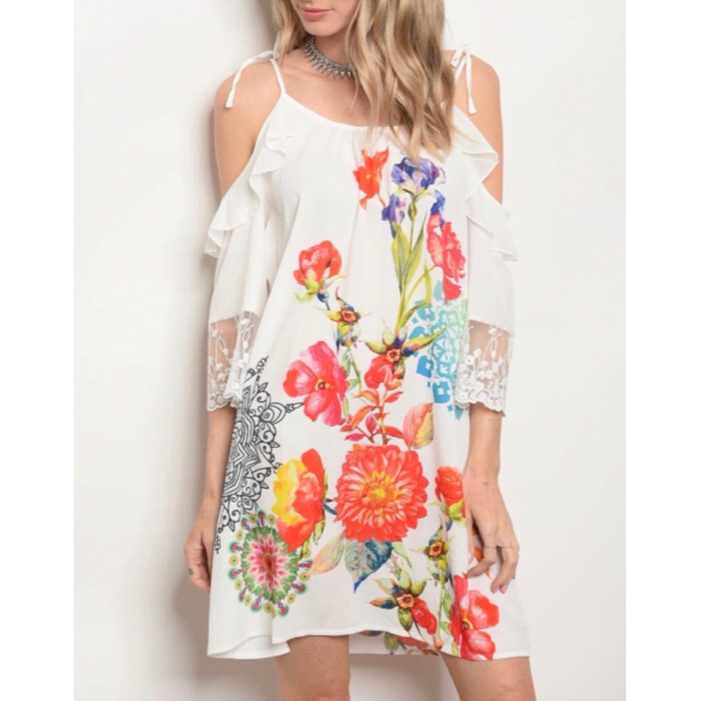 Floral Lace Detail White Cold Shoulder Dress - Picture 2 of 3